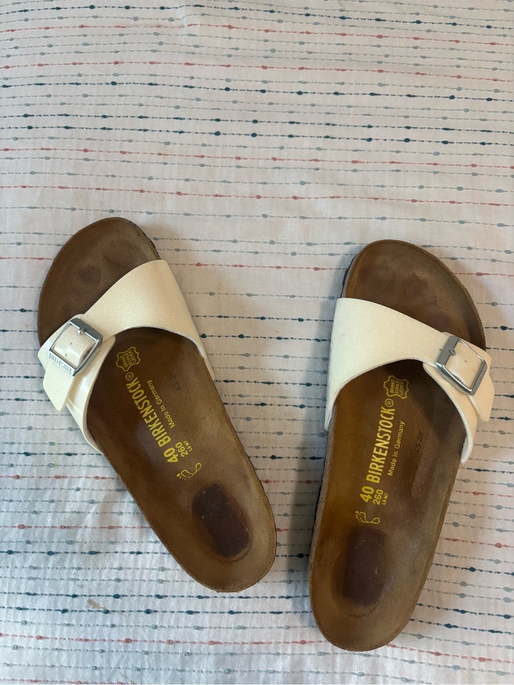 Birkenstock Single Strap Slide Sandals in Glitter White w/ Silver Buckles